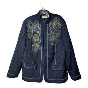 Alfred‎ Dunner Women's Navy Blue Embroidered Quilted Jacket 18W